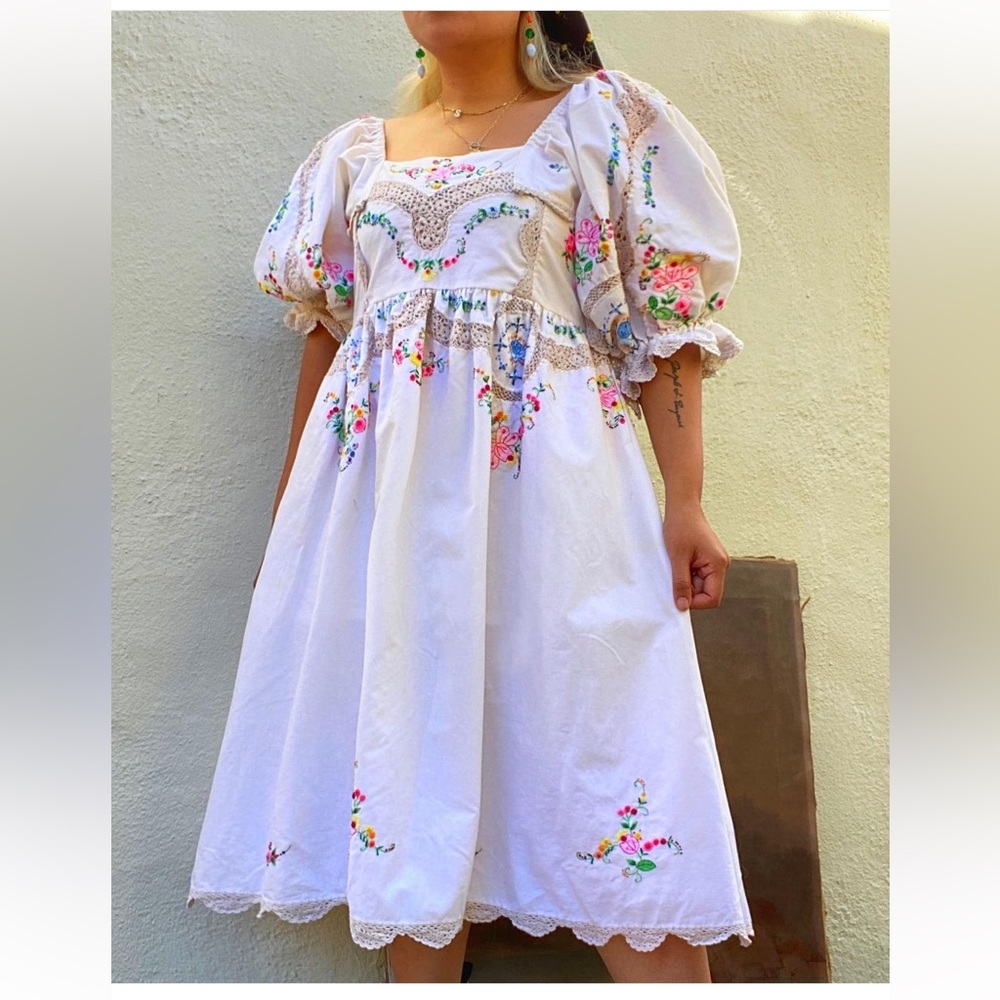 Selina Sanders handmade tablecloth dress. Wedding dress